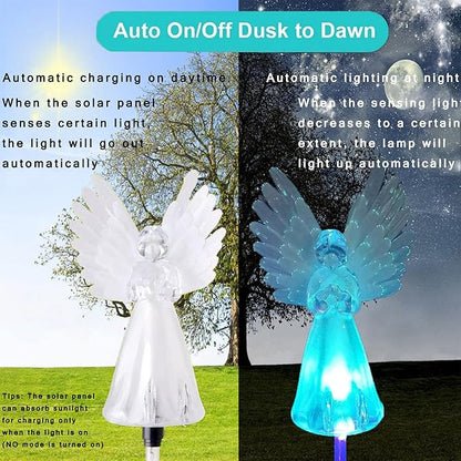 NMM Solar Angel Lights, 2 Pack Outdoor Solar Garden Lights, Multi-Color Changing Angel Decorative Lights for Yard Lawn Pathway Grave Cemetery Christmas Decoration, Thanksgiving Memorial Gift