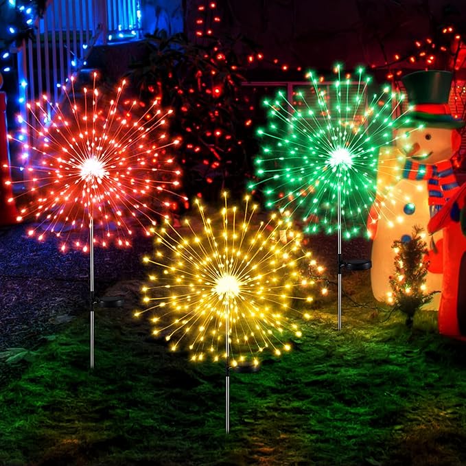 3 Pcs Mardi Gras Solar Firework Lights Solar Lights Outdoor Garden 120 LED 8 Modes Waterproof LED Sparkler Outdoor for Carnival Patio Yard Pathway Walkway (Red,Yellow,Green)