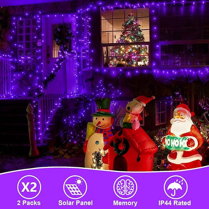QITONG Purple Solar Christmas Lights, 2 Pack Each 66ft 200 LED Christmas String Lights Outdoor Waterproof, 8 Modes Green Wire Twinkle Lights for Outside