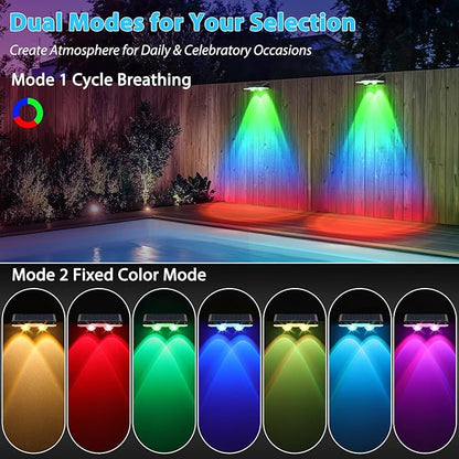 Brightever Solar Fence Lights Outdoor 8-Pack, Waterproof Solar Powered LED Fence Light with Warm White & 6 RGB Colors & 2 Lighting Modes for Deck, Step, Stair, Fence, Outside, Patio, Garden, Backyard