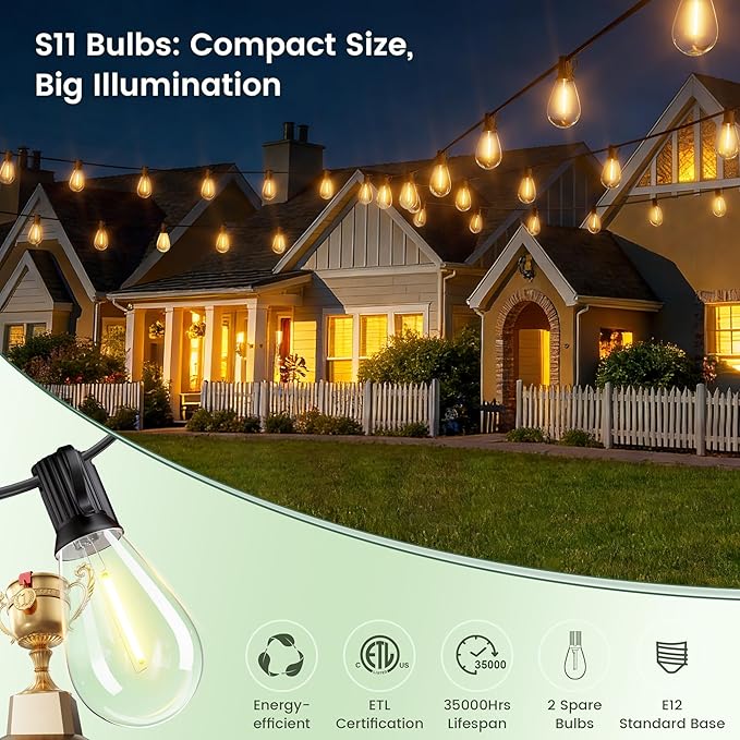 150FT Solar String Lights Outdoor with Remote, USB, Timer & 62 Shatterproof Bulbs, 2200K Soft Warm White, Dimmable | Lumora