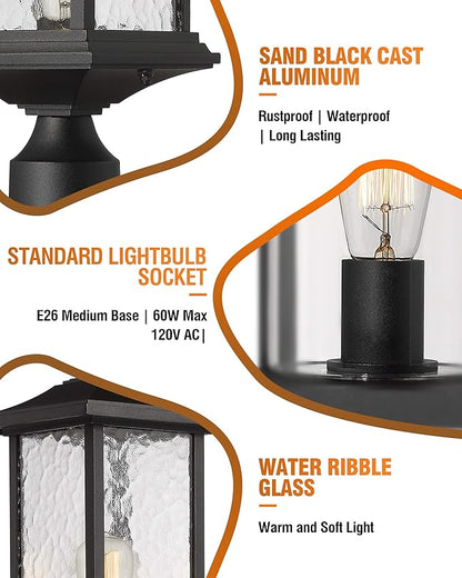 Beionxii Dusk to Dawn Outdoor Post Lights, 21inch Large Exterior Lamp Post Light Pier Mount Lantern with Base, Black Cast Aluminum w/Water Glass - A272P-2PK (NOT Solar, 110-120V AC)