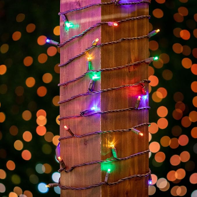 Novelty Lights 25ft 50 LED Multicolor Christmas String Lights, 6" Spacing on Brown Wire, UL Listed IP55 Commercial Grade Xmas Lights for Outdoor/Indoor, Dimmable, Connectable