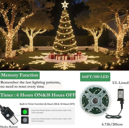 Tcamp 164 Feet 500 LED Christmas Lights, 8 Modes Christmas Tree Lights with Timer Memory Function, Green Wire Starry Fairy String Light for Xmas Tree Halloween Outdoor Indoor Decor (Warm White)