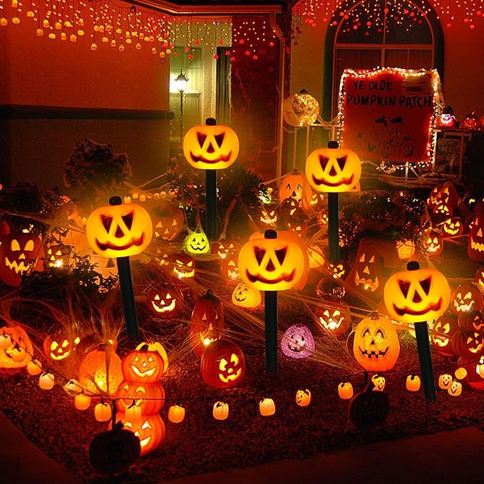 Halloween Decorations Outdoor 4 Sets Solar Pumpkin Pathway Lights for Outside 7 Lighting Modes IP65 Waterproof for Yard Garden Pathway and Walkway