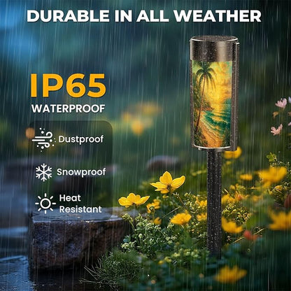 4 Pack Solar Pathway Lights Outdoor Waterproof Seascape Tropical Palm Tree Beach Blue Ocean Sea Wave Scenery Waves Solar Garden Lights LED Landscape Lighting for Yard Walkway Lawn Garden Decor