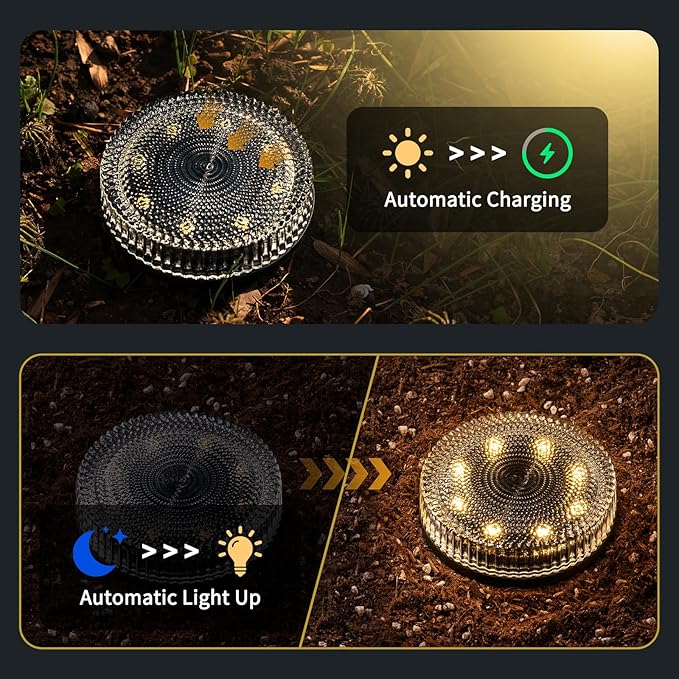 Glass Solar Pathway Lights with Bubble Style, Modular-Design Waterproof In-Ground Light for Patio Pathway Lawn Yard Deck Walkway, Decorative Disk Lighting for Garden Bed, Warm White (2 Pack)