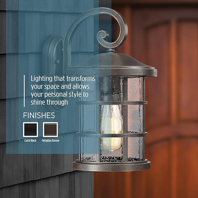 Quoizel Crusade Outdoor Wall Lantern, Coastal Armour 14.25 Inch 1-Light Palladian Bronze Wall Sconce, Clear Seeded Glass, 100W Exterior Wall Lantern Fixture, Outside Lights for Patio, Porch or Garage