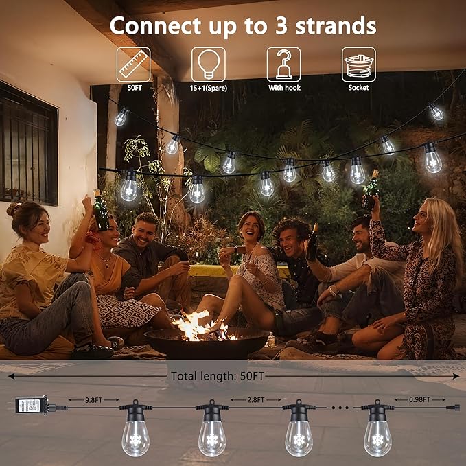 LED Outdoor String Lights, 50FT Patio Lights with 16Pcs Shatterproof S14 Bulb(1 Spare),4 Lighting Mode, Connectable, Waterproof White Edison Plastic Bulb Hanging Light for Yard Gazebo Porch Décor