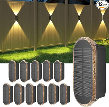 Ellasay Solar Fence Lightsv Backyark: 12-Pack Fence Lights Solar Powered 3 Color Modes - Up & Down LED Waterproof Solar Wall Lights for Outdoor Yard/Porch/Patio/Railing