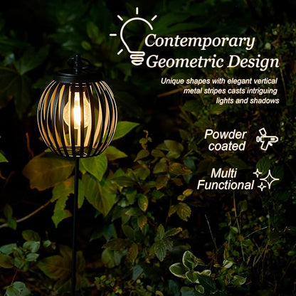 Glitzhome Solar Lights Outdoor Round-Shaped Black Metal Stripes Solar Stake Lights with Edison Bulb