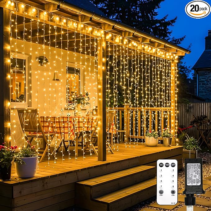 suddus 600 LED Christmas Curtain Lights Outdoor, 9.8x19.6ft Curtain Lights Plug in with Remote, Wall Hanging Lights for Christmas,Dorm,Wall,Window,Wedding,Party,Birthday Decor,Warm White