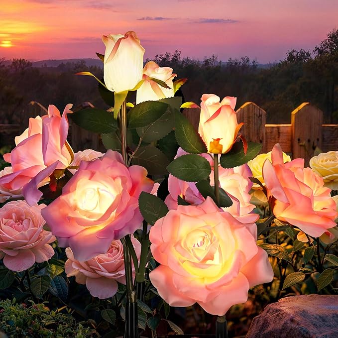 GIGALUMI Solar Lights Outdoor for Garden Decor, 4 Pack Solar Flower Lights Waterproof, 2 Lighting Modes 12 Rose Flowers for Pathway,Yard, Patio Decoration, Gardening Gifts for Women (Pink+Purple)