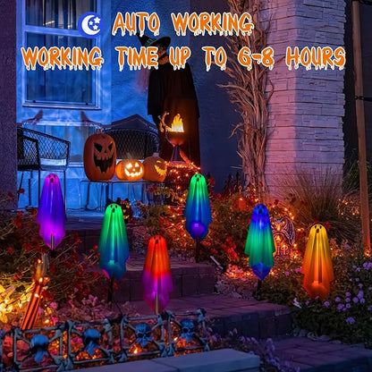 Threan 12 Packs Halloween Decoration Solar Ghost Pathway Decoration Outdoor White Cloth Ghost Stakes, Spooky Cloth Ghosts Solar Decor, Changing LEDs Pathway for Halloween Party Yard Lawn Patio Porch