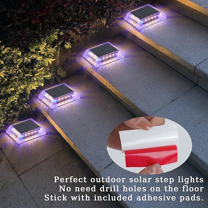LEDES Solar Deck Lights Outdoor, IP68 Waterproof Step Lights, Solar Powered Driveway Lights, Natural White 4000K LED Lights, Stick on Garden Steps Yard Fence Patio Pathway Dock, Square(4 Pack)