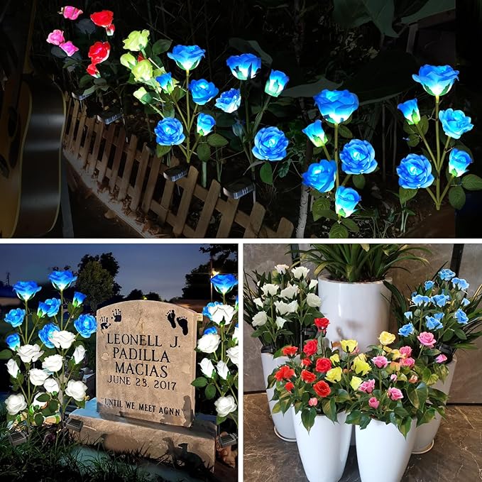 Solar Garden Flower Lights Outdoor with More Realistic 10 Rose Waterproof for Outside Patio Yard Pathway Decorations, 2 Pack Blue