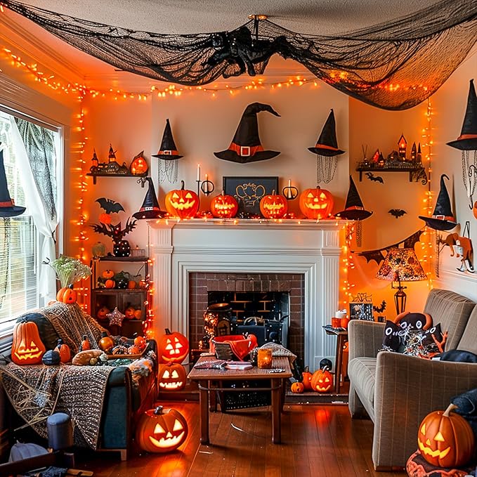 JMEXSUSS 500 LED Halloween Lights Outdoor, 163FT 8 Modes Orange Halloween Light Indoor Clear Wire, Outdoor Waterproof Fall Lights Plug in for Thanksgiving Room Porch Christmas