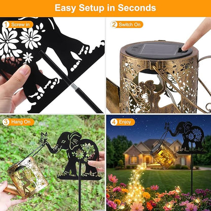 Solar Watering Can Lights Outdoor Decor with Elephant Stake & Fairy Silhouettes, Cascading String Lights for Garden, Patio, Yard - Waterproof Solar Powered Gift for Mom, Housewarming, Birthday