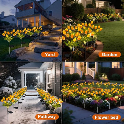 Aolyty Solar Garden Lights Outdoor, Solar Tulip Lights 2 Pack with 14 Tulip Flowers, IP65 Waterproof LED Stake Light for Pathway Patio Yard Landscape Decorative (Yellow)