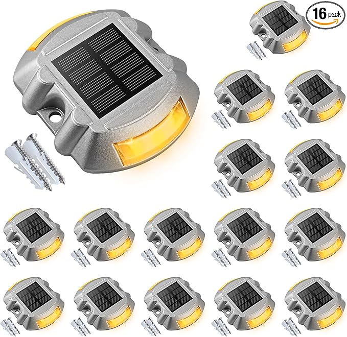 VOLISUN Solar Deck Lights Driveway Dock Lights, 16-Pack Led IP68 Waterproof Outdoor Warning Step Lights for Driveway Sidewalk Garden Pathway Yard(Warm White, Auto On/Off
