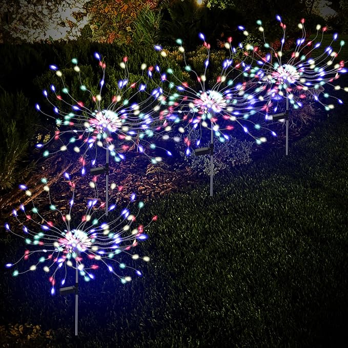 2 Pack 175 LED Solar Firework Lights Outdoor, 4th of July 2 Modes Solar Garden Light Waterproof Twinkling Light, Starburst Lights for Landscape Path Halloween Christmas Decor （Colorful）
