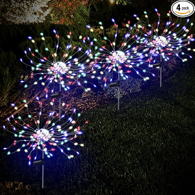 4 Pack 175 LED Solar Garden Light for Yard,Firework Lights Outdoor Waterproof with 2 Modes Twinkling Light, Sparkly Starburst Lights for Wedding Walkway Halloween Christmas Decor(Colorful)