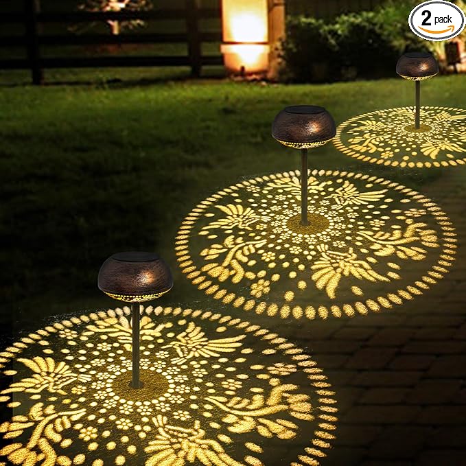2 Pack Solar Outdoor Pathway Lights, Solar Warm White Garden Lights with a Beautiful Hummingbird and Flower Pattern, for Garden, Yard, Path, Lawn, Backyard Decor, Landscape Lighting(Hummingbird)