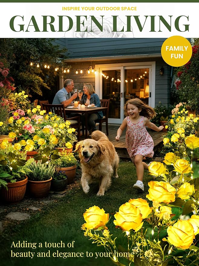 GIGALUMI Solar Lights Outdoor for Garden Decor, 4 Pack Solar Flower Lights Waterproof, 2 Lighting Modes 28 Rose Flowers for Pathway,Yard, Patio Decoration, Gardening Gifts for Women (Yellow)