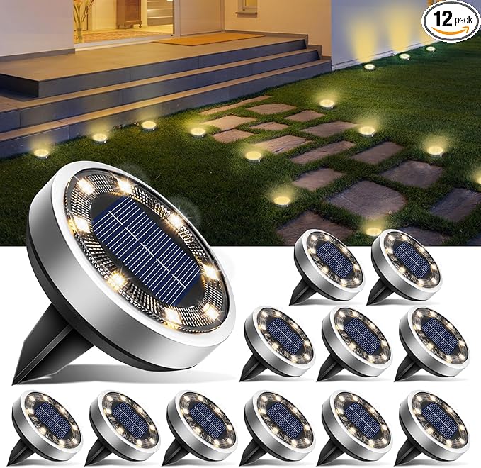 btfarm 12 Pack Solar Lights Outdoor, 8 LED Solar Ground Lights IP65 Waterproof Flat Solar Disc Light, Pathway | Lumora