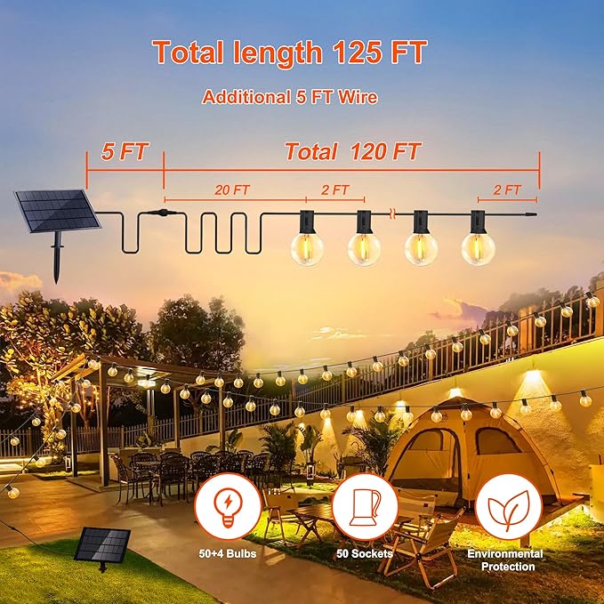 Stright Solar String Light for Outside 120FT with with USB Charging & Remote, Weatherproof Shatterproof LED G40 | Lumora