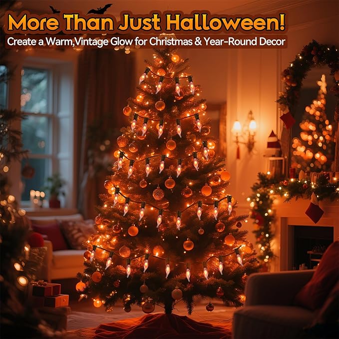 50Ft Extra-Long Fall & Halloween String Lights,25 C18 Flicker Flame Bulbs for Outdoor Decor,Waterproof & | Lumora