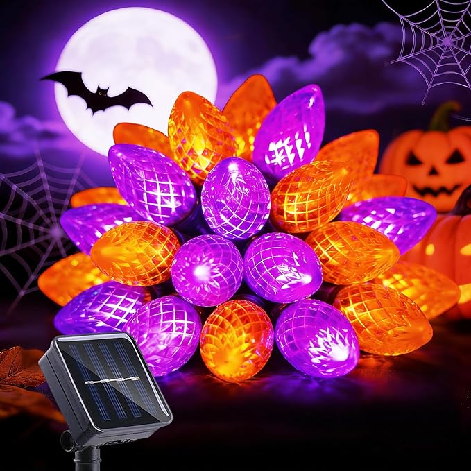 C7 Solar Powered LED Christmas String Lights 50 LED Waterproof Strawberry String Lights Green Wire Lights String for Outside Patio Wedding Party Decor (Orange&Purpl)