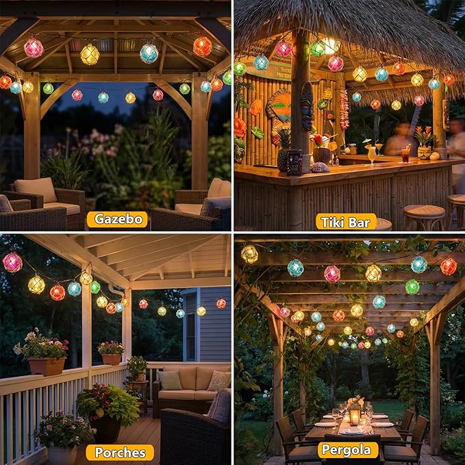 Decorative String Lights Plug in with 10 Incandescent Bulbs, Nautical Fishing Float String Lights Connectable Weatherproof for Indoor Home Tiki Bar Decor and Outdoor Patio Decorations (Multi-color)