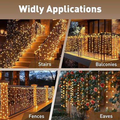 Curtain Lights for Stair Railing, 300 LED 20Ft x 3Ft Solar Powered Outdoor String Lights, Warm White Tangle-Free Decorative Light with 8 Modes for Stairs, Balcony, Fences, Eaves, Porch Décor
