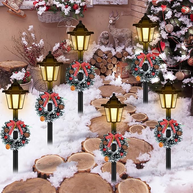 VIHOSE 4 Pcs 21.3 Inch Christmas Solar Pathway Lights Outdoor Waterproof Solar Christmas Street Lights with Ribbon Accessories Outdoor Lights for Yard Pathway Walkway Holiday Decor(Wreath)