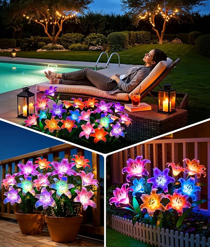 LETMY Solar Garden Lights, 4 Pack Solar Flower Lights with 6 Head Bigger Lily Lights, IP65 Waterproof Solar Lights Outdoor, Decorative Lights for Garden, Patio, Yard, Flower Bed