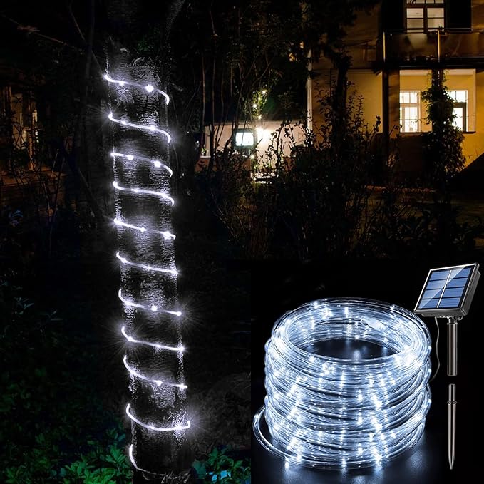 Honche Solar Rope Light 33FT 100L IP65 Weatherproof Outdoor LED Copper Fairy String Tube Lights for Party Garden Porch Yard Home Wedding Vacation New Year Holiday Decoration Lighting(Cool White)