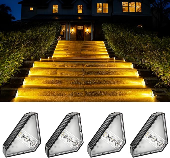 Solar Stair Lights IP65 Solar Step Light for Outdoor Stairs Waterproof for Rain Snow Lights for Patio Garden Porch Deck Front Step (Warm Light - 4PC)