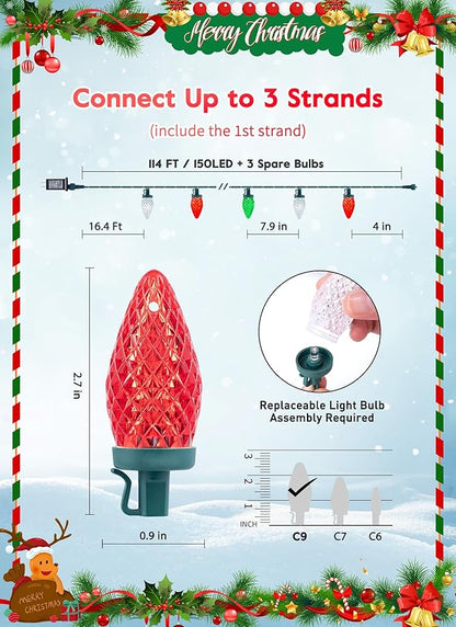 C9 Christmas Lights Outdoor Waterproof, 114 Feet 150 LED C9 String Lights with Timer & 8 Light Mode, Connectable Christmas Tree Lights for Indoor Outside Roofline Patio Decor, Red, Green & Pure White
