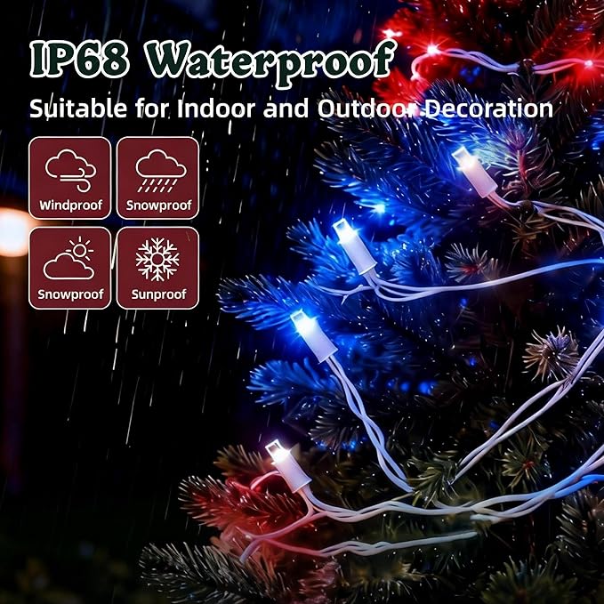LED Christmas Lights, 100 LED Icicle Lights on 7FT with 4 Inch Spacing - 5MM Wide Angle Red & White & Blue Bulbs, IP68 Waterproof & ETL Certified for Outdoor/Indoor