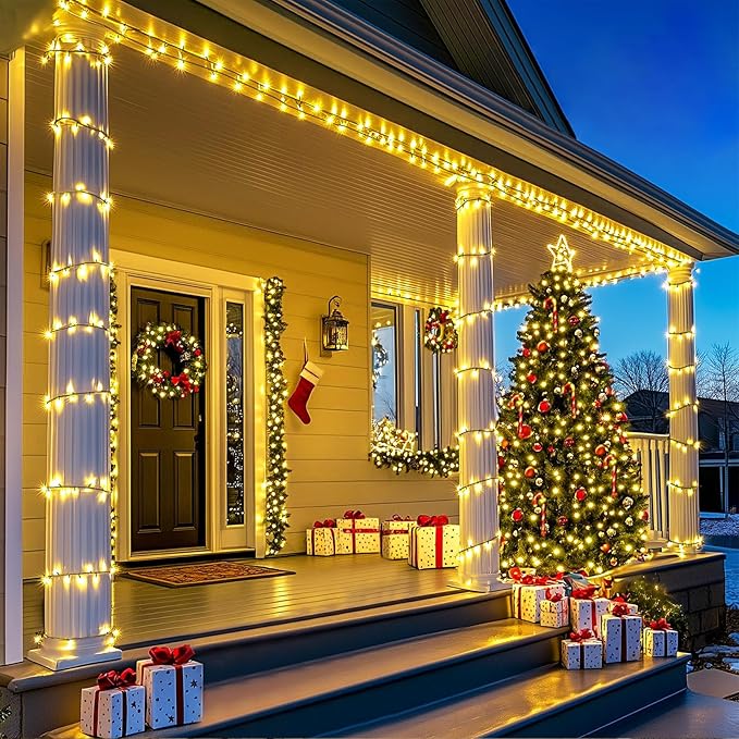 LAMPHOME Yellow Christmas Lights Indoor Outdoor, Connectable Christmas Tree Lights Green Wire, 25FT 50LED Golden Fairy String Light Plug in for Bedroom Wedding Xmas Tree Decorations