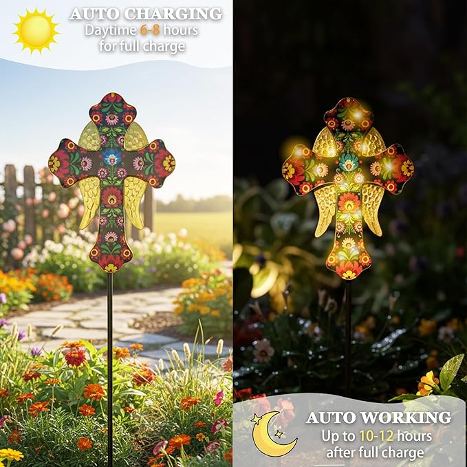 Solar Cross Lights with Angel Wings, Pink and Gold Floral Design, Memorial Garden Stake, Warm White LED, Weather Resistant, 36 Inch