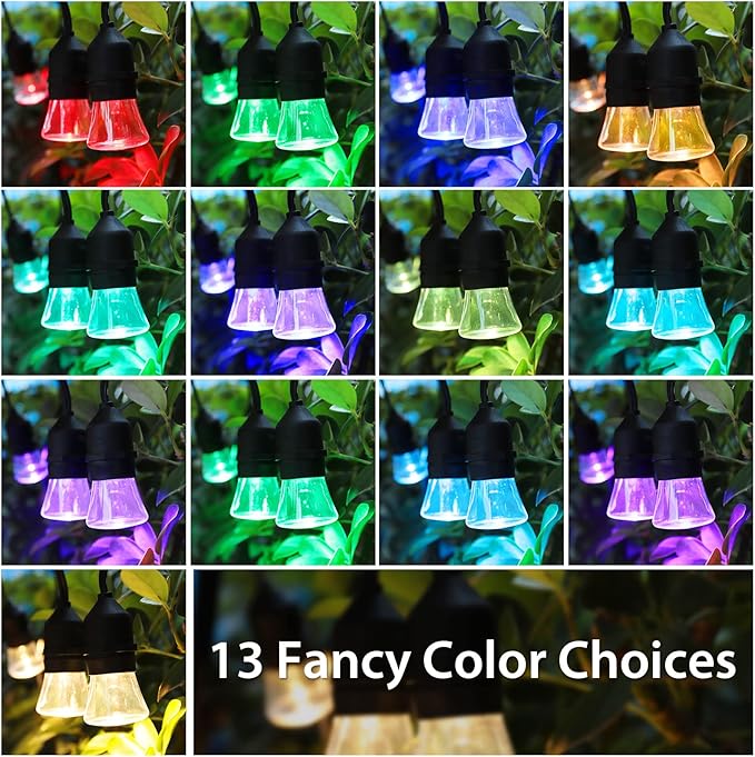 2-Pack Each 48FT Outdoor RGB Patio Lights, Cafe LED String Lights with 30+5 E26 Shatterproof Waterproof Bulbs, Christmas Colorful Dimmable String Lights for Bistro Backyard Garden, 3 Remotes, 96 FT