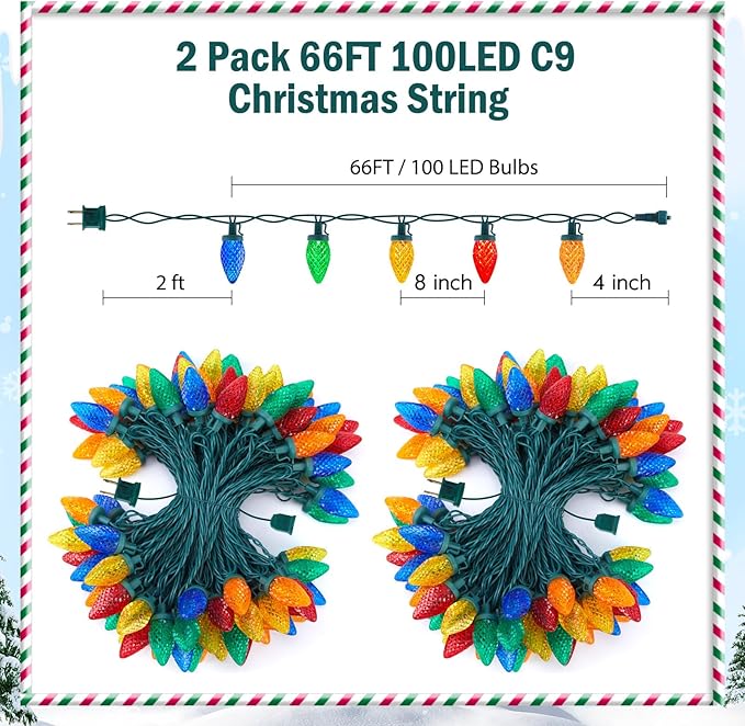 Brightown C9 LED Christmas String Lights, 2 Pack Total 132ft 200LED Multi-Color Outdoor Lights String, Plug-in Connectable Roofline Lights String for Outside Yard Christmas Holiday Decor