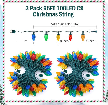Brightown C9 LED Christmas String Lights, 2 Pack Total 132ft 200LED Multi-Color Outdoor Lights String, Plug-in Connectable Roofline Lights String for Outside Yard Christmas Holiday Decor