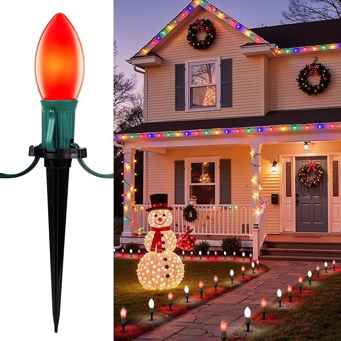Frosted C9 Christmas Lights Outdoor, 25.7 Ft Christmas Pathway Lights with 20 LED Bulbs and Stakes, Connectable | Lumora