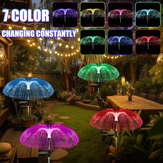 4 Pcs Solar Outdoor Lights for Garden Waterproof Jellyfish 7 Color Changing Decorative Lawn Solar Powered Lights Flower Yard for Pathway Lawn Wedding Party Outside Decor