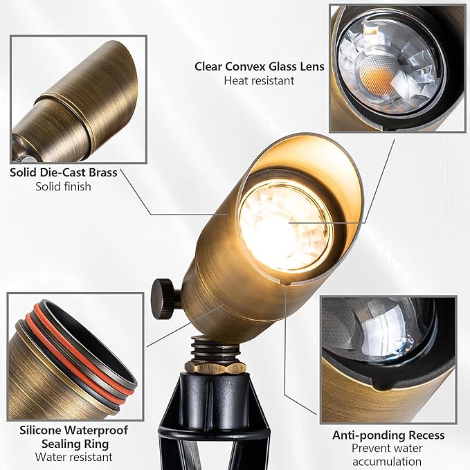 LumStory Brass Solid Landscape Light Low Voltage 12V Outdoor Brass Landscape Spotlights with 5W MR16 Bulb 3000K Warm White, IP65 Waterproof Up Light Landscape Lighting for Garden Yard Pathway
