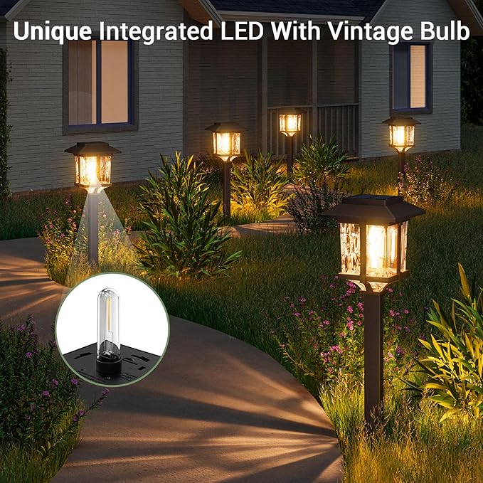 XMCOSY+ Solar Lights Outdoor Waterproof IP65 10/25 LM LED with 2 Lighting Modes 6 Pack | 15 LM Garden Lights with Metal Glass, 2-Tone Bronze & Wood (Color) Pathway Lights 4 Pack (Warm White)