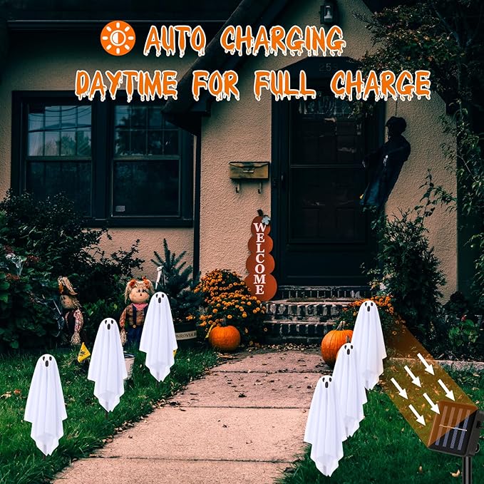 Threan 12 Packs Halloween Decoration Solar Ghost Pathway Decoration Outdoor White Cloth Ghost Stakes, Spooky Cloth Ghosts Solar Decor, Changing LEDs Pathway for Halloween Party Yard Lawn Patio Porch
